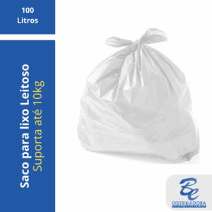Saco de Lixo Branco Leitoso com capacidade de 100 litros (90 x 105 cm). Vendido por quilo para maior resistência. Ideal para clínicas, cozinhas industriais e descarte de grandes volumes com discrição.