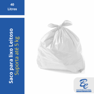 Saco de Lixo Branco Leitoso com capacidade de 40 litros (60 x 60 cm). Vendido por quilo para maior resistência. Ideal para cozinhas médias, banheiros e lixeiras de escritório.